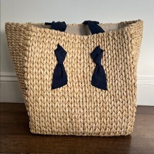 Pamela Munson Island Bahia Navy Blue Grosgrain Straw Tote Bag